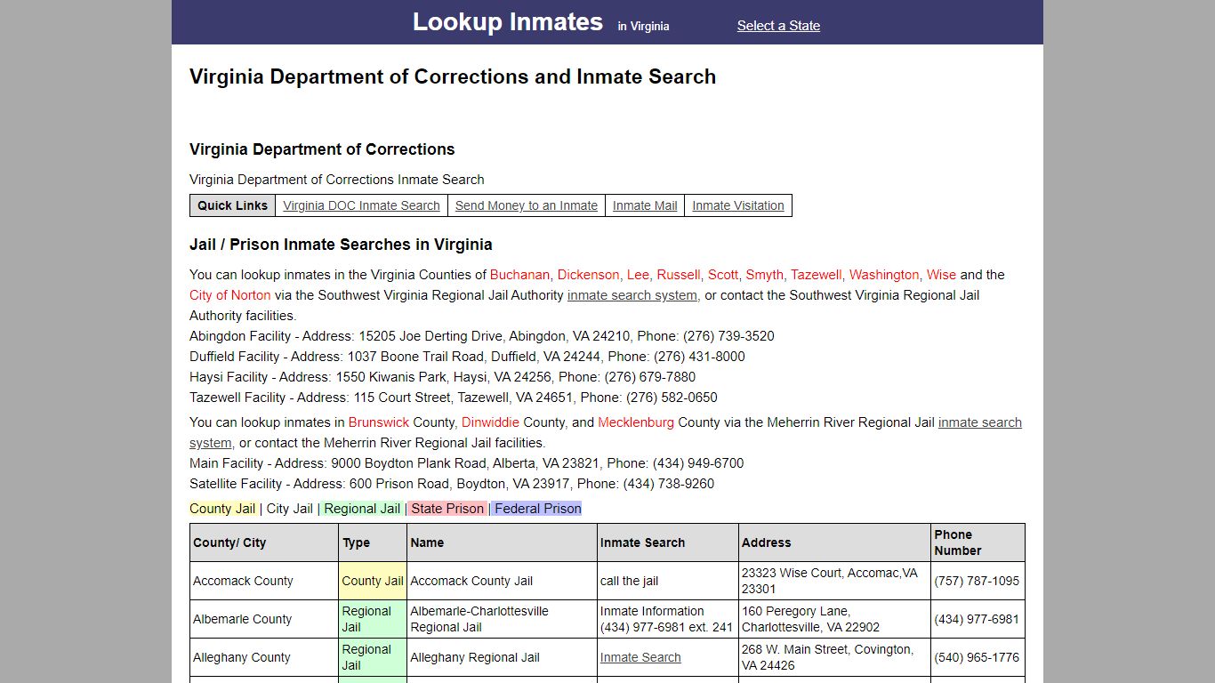 Virginia Department of Corrections and Inmate Search - Lookup Inmates